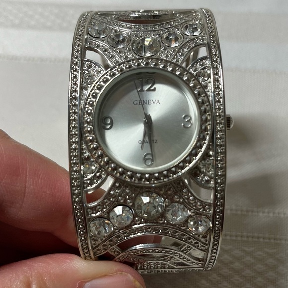 Geneva Woman's Silver Toned Cuff Bracelet W/  Rhinestones. Victorian look. - Picture 4 of 5